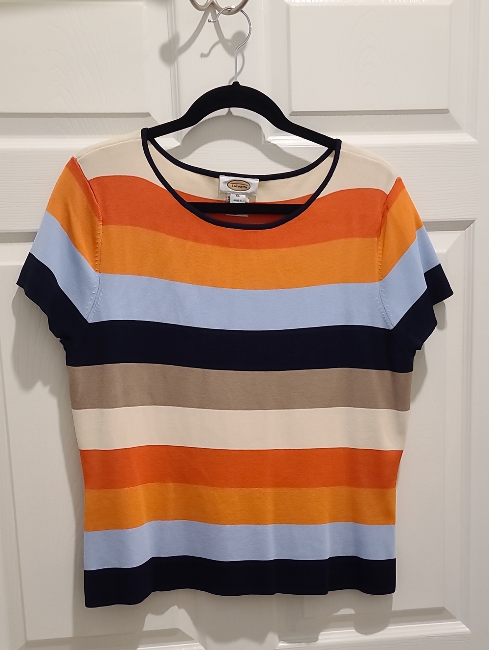 Talbots Short-Sleeve Striped Knit Top in Orange, Light Blue, Navy & Cream